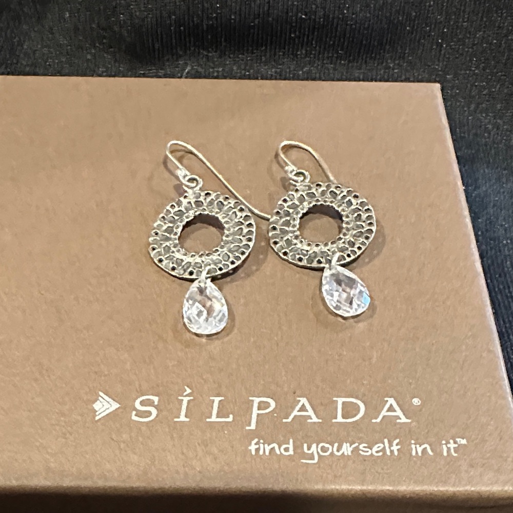 Silpada 925 Silver Hammered Earrings with Cubic Zirconia Teardrop